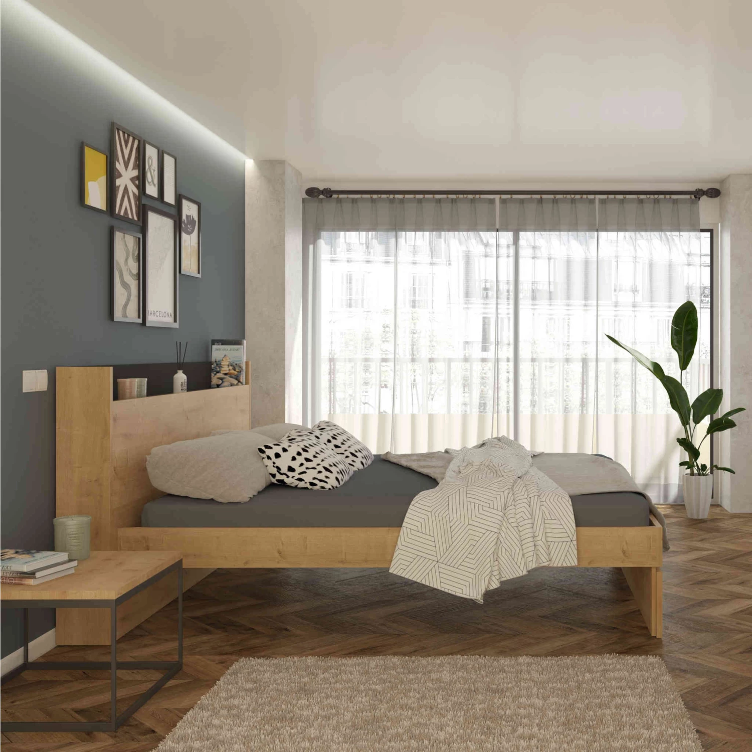 Lit Avec Tête De Lit En Bois Imitation Chêne - LI9051 4 Lit Avec Tête De Lit En Bois Imitation Chêne - LI9051 – Image 2