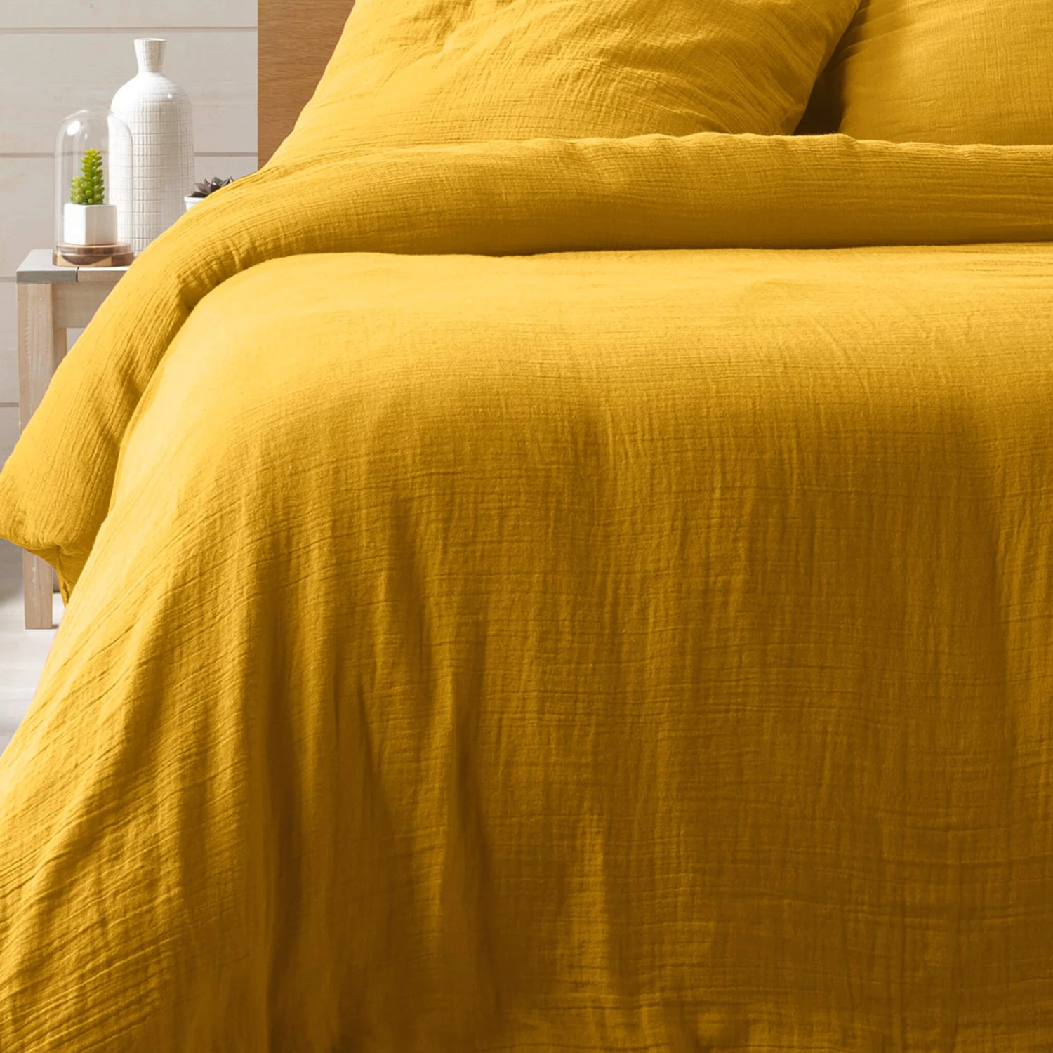 Parure De Lit Double Gaze De Coton Jaune Angelia 4 Parure De Lit Double Gaze De Coton Jaune Angelia – Image 2