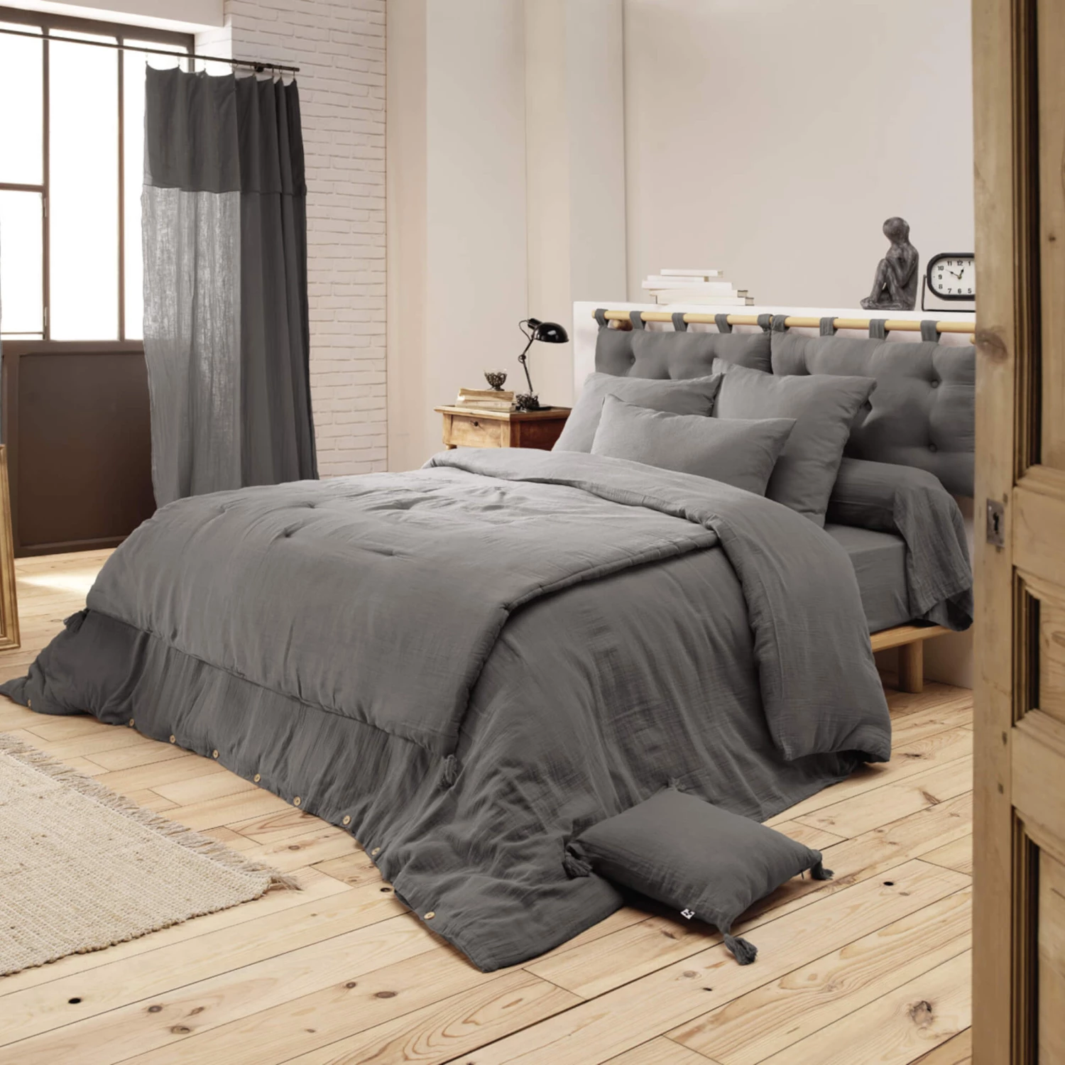 Housse De Couette Double Gaze De Coton Gris Anthracite 5 Housse De Couette Double Gaze De Coton Gris Anthracite – Image 3