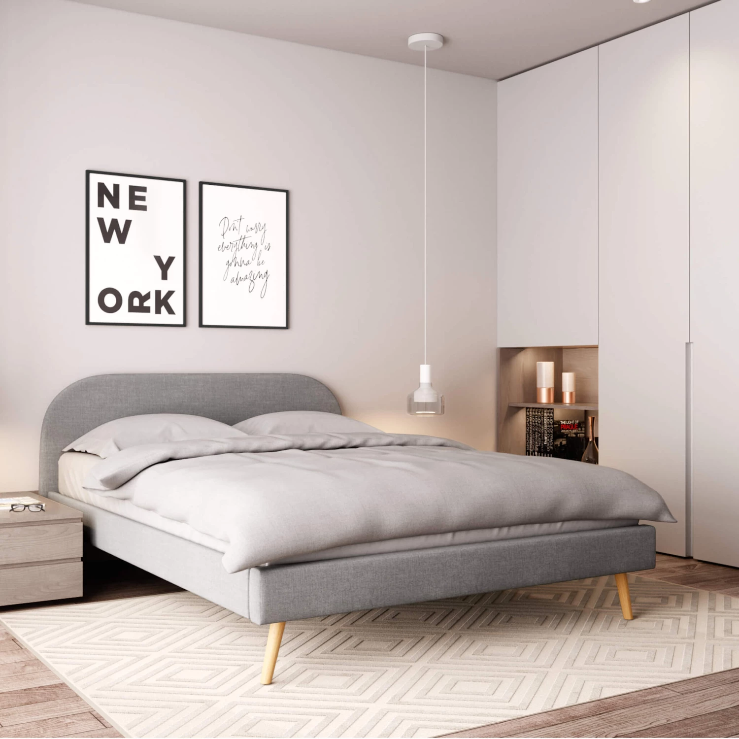 Lit En Bois Avec Tête De Lit Arrondie Tissu Gris Clair - LT17023 4 Lit En Bois Avec Tête De Lit Arrondie Tissu Gris Clair - LT17023 – Image 2