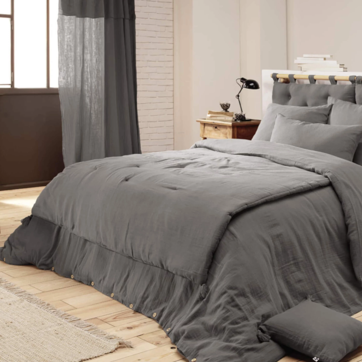 Couvre-lit Double Gaze De Coton Gris Anthracite 4 Couvre-lit Double Gaze De Coton Gris Anthracite – Image 2