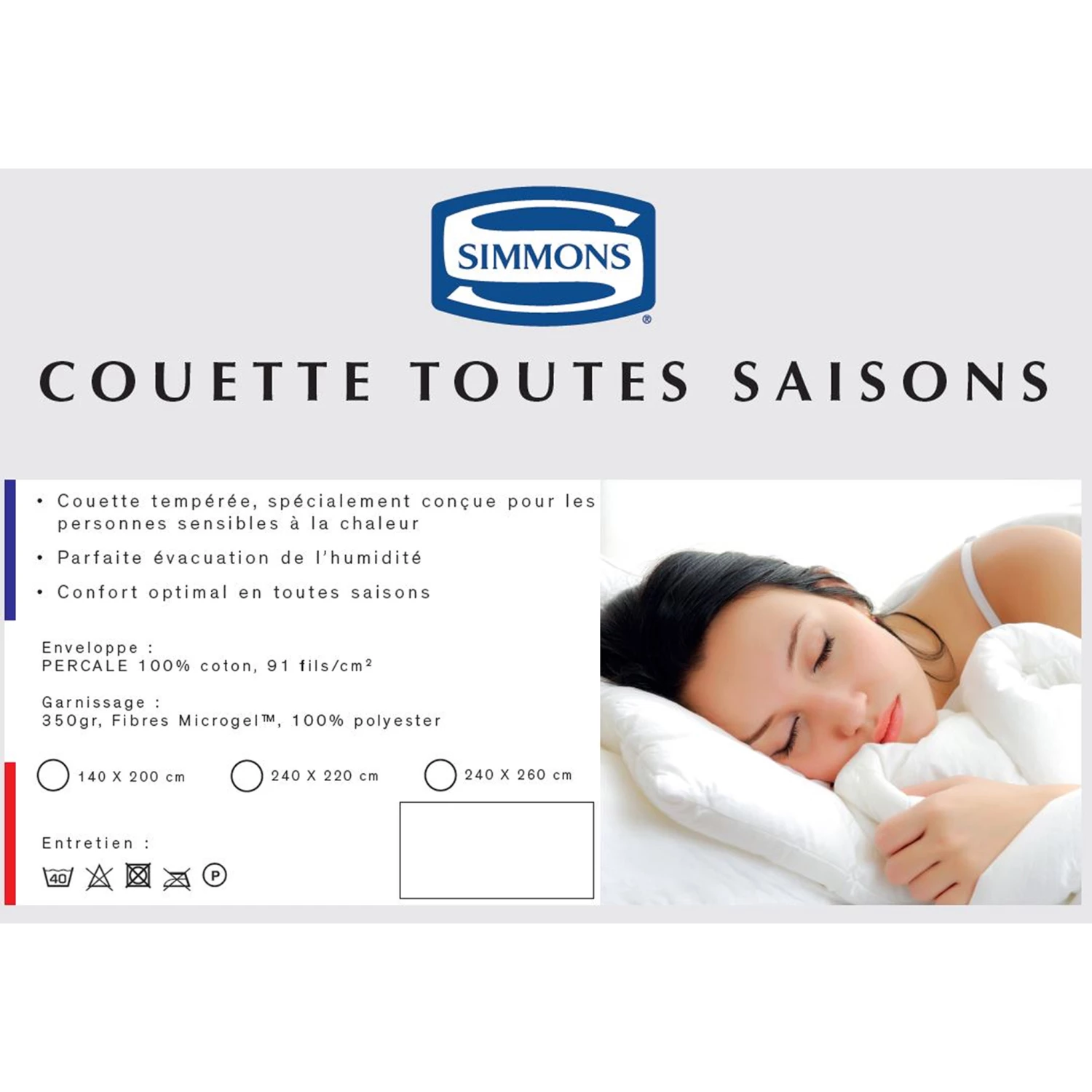 Couette Simmons Enveloppe Percale 4 Saisons 350g 4 Couette Simmons Enveloppe Percale 4 Saisons 350g – Image 2