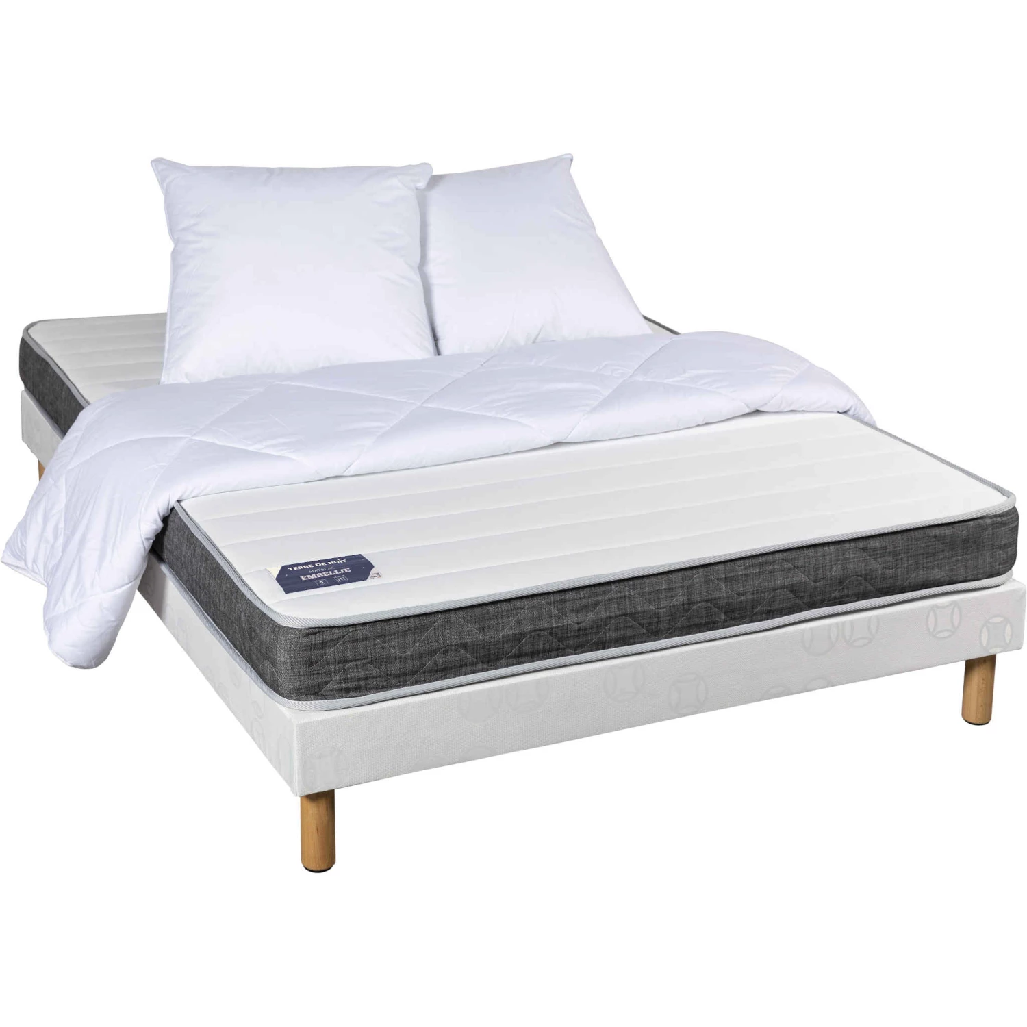 Ensemble Matelas à Ressorts Ensachés Embellie + Sommier + Pieds + Couette + Oreillers 3 Ensemble Matelas à Ressorts Ensachés Embellie + Sommier + Pieds + Couette + Oreillers