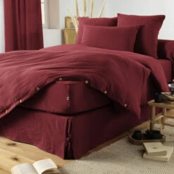 Parure De Lit Double Gaze De Coton Bordeaux -Doublures De Lit Soldes 2024 finition bordeaux