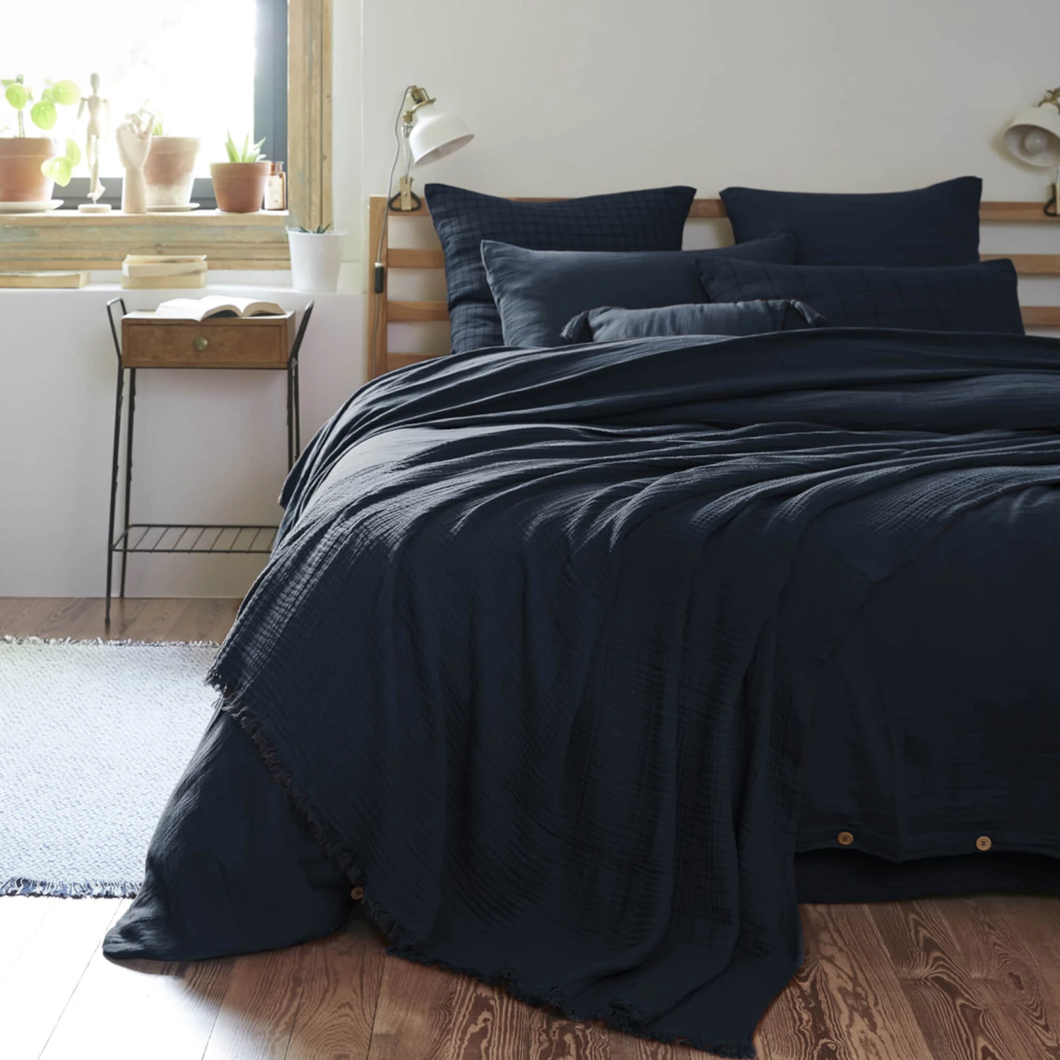 Plaid Gaze De Coton à Franges Marine 3 Plaid Gaze De Coton à Franges Marine