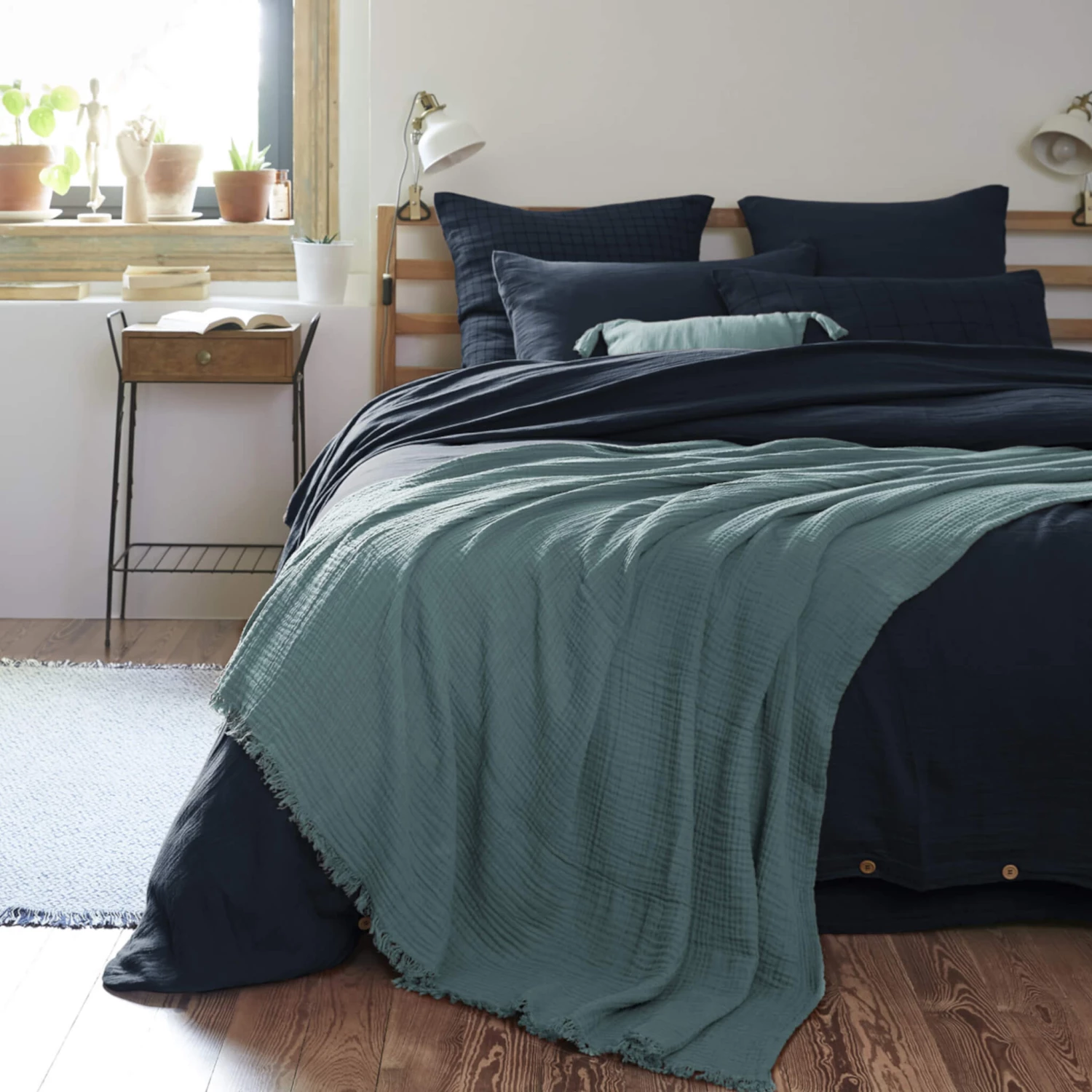 Plaid Gaze De Coton à Franges Bleu Canard 3 Plaid Gaze De Coton à Franges Bleu Canard