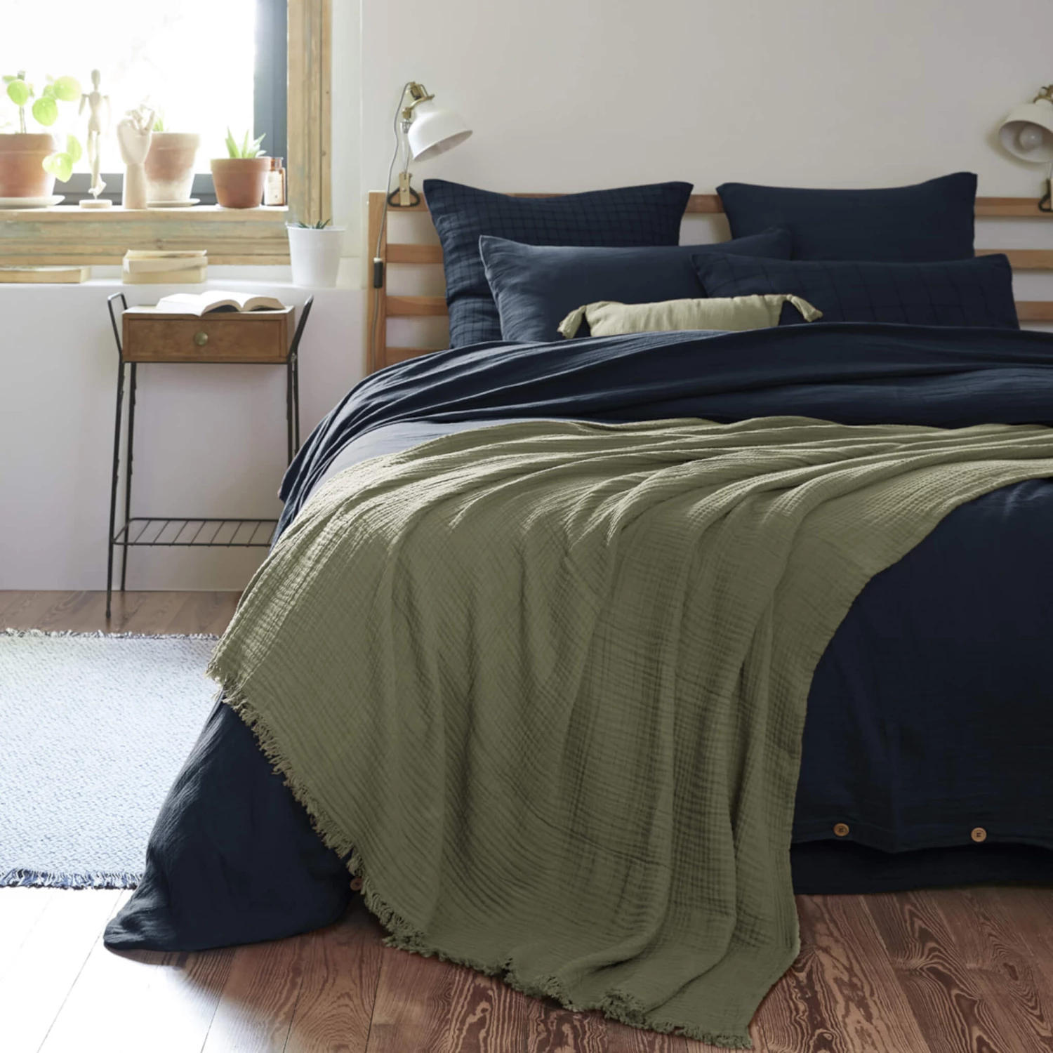 Plaid Gaze De Coton à Franges Kaki 3 Plaid Gaze De Coton à Franges Kaki