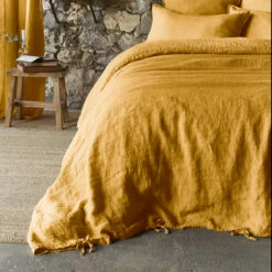 Parure De Lit Lin Lavé -Doublures De Lit Soldes 2024 housse de couette lin lave jaune zoom