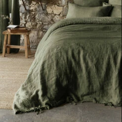 Parure De Lit Lin Lavé -Doublures De Lit Soldes 2024 housse de couette lin lave kaki zoom