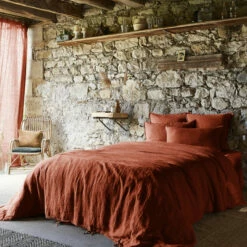 Parure De Lit Lin Lavé -Doublures De Lit Soldes 2024 housse de couette lin lave orange ambiance1