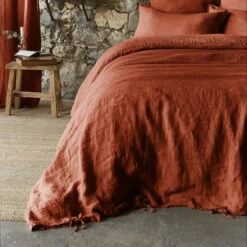 Parure De Lit Lin Lavé -Doublures De Lit Soldes 2024 housse de couette lin lave orange zoom