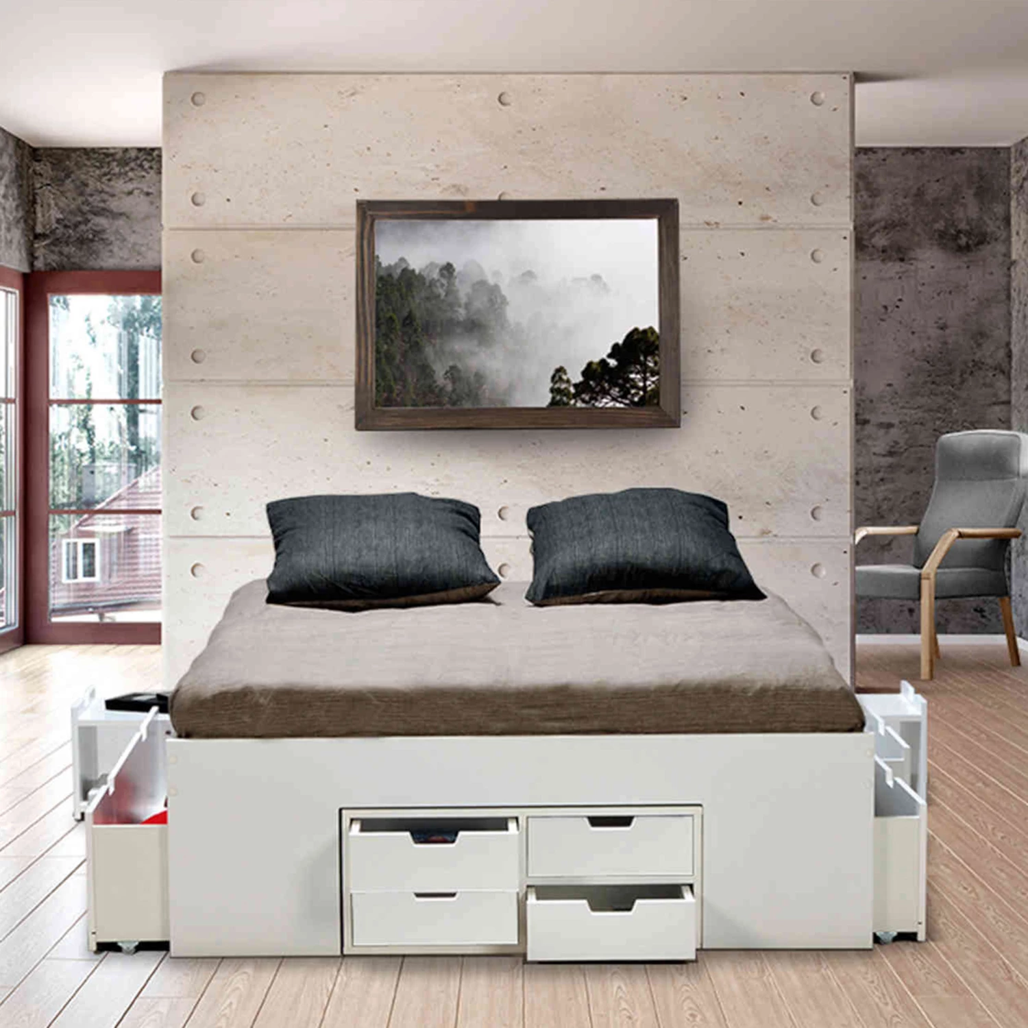 Lit Tiroirs Avec 2 Chevets En Bois Blanc - LT14014 3 Lit Tiroirs Avec 2 Chevets En Bois Blanc - LT14014