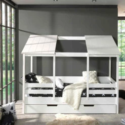 Lit Cabane Enfant Avec Toit En Bois Blanc 90x200 + Tiroir De Lit