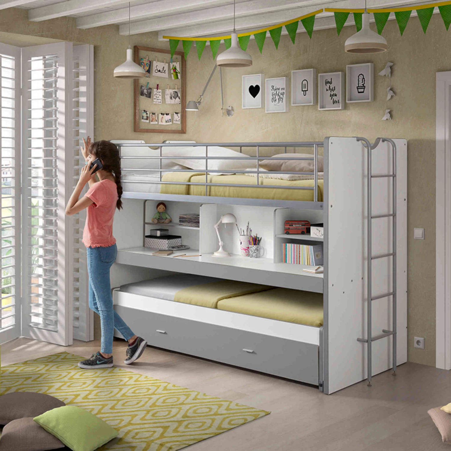 Lit Superposé 3 Couchages + Bureau 90x200 3 Lit Superposé 3 Couchages + Bureau 90x200