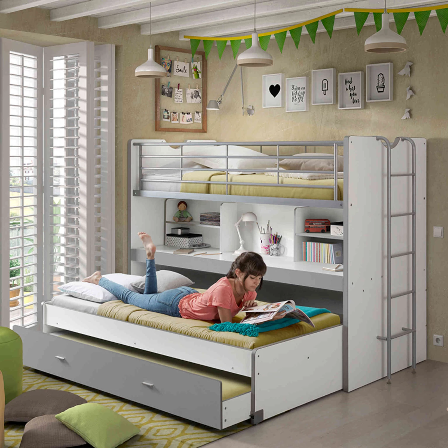 Lit Superposé 3 Couchages + Bureau 90x200 5 Lit Superposé 3 Couchages + Bureau 90x200 – Image 3