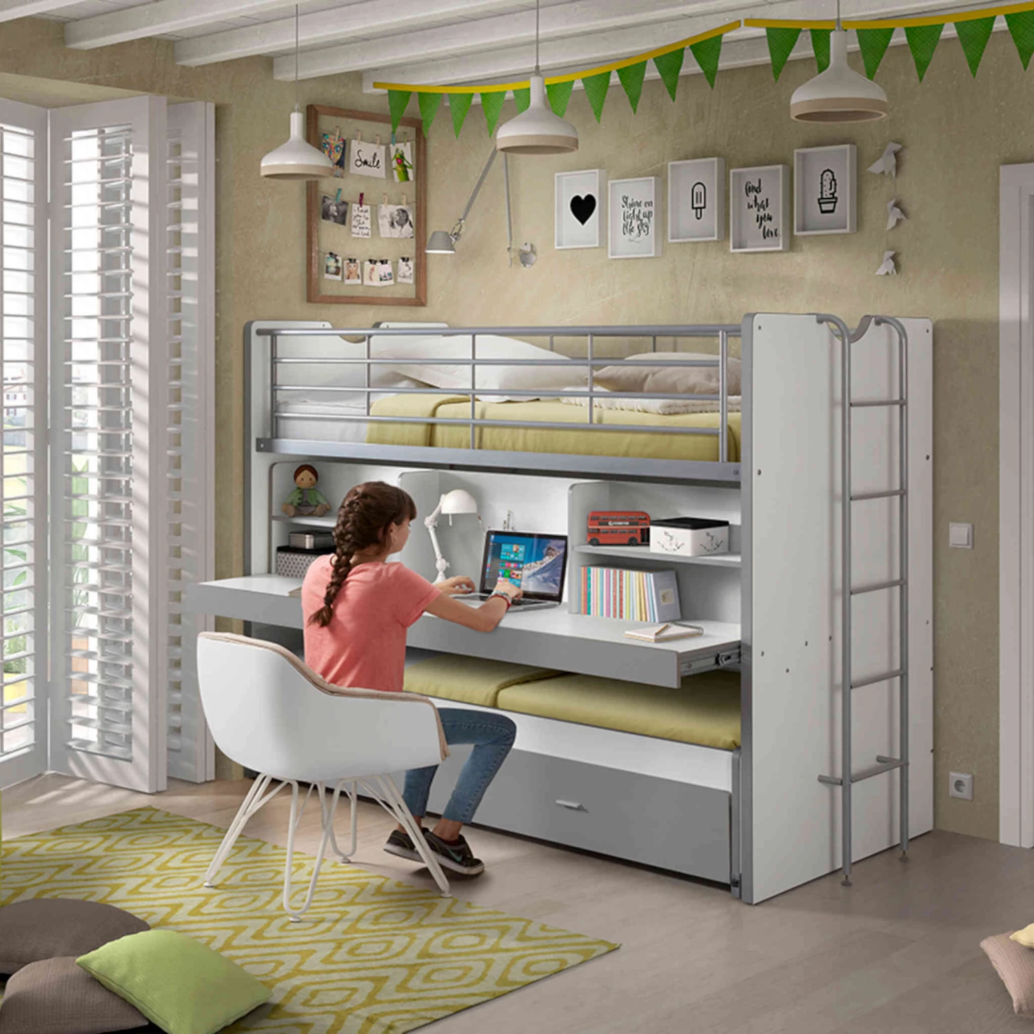 Lit Superposé 3 Couchages + Bureau 90x200 4 Lit Superposé 3 Couchages + Bureau 90x200 – Image 2