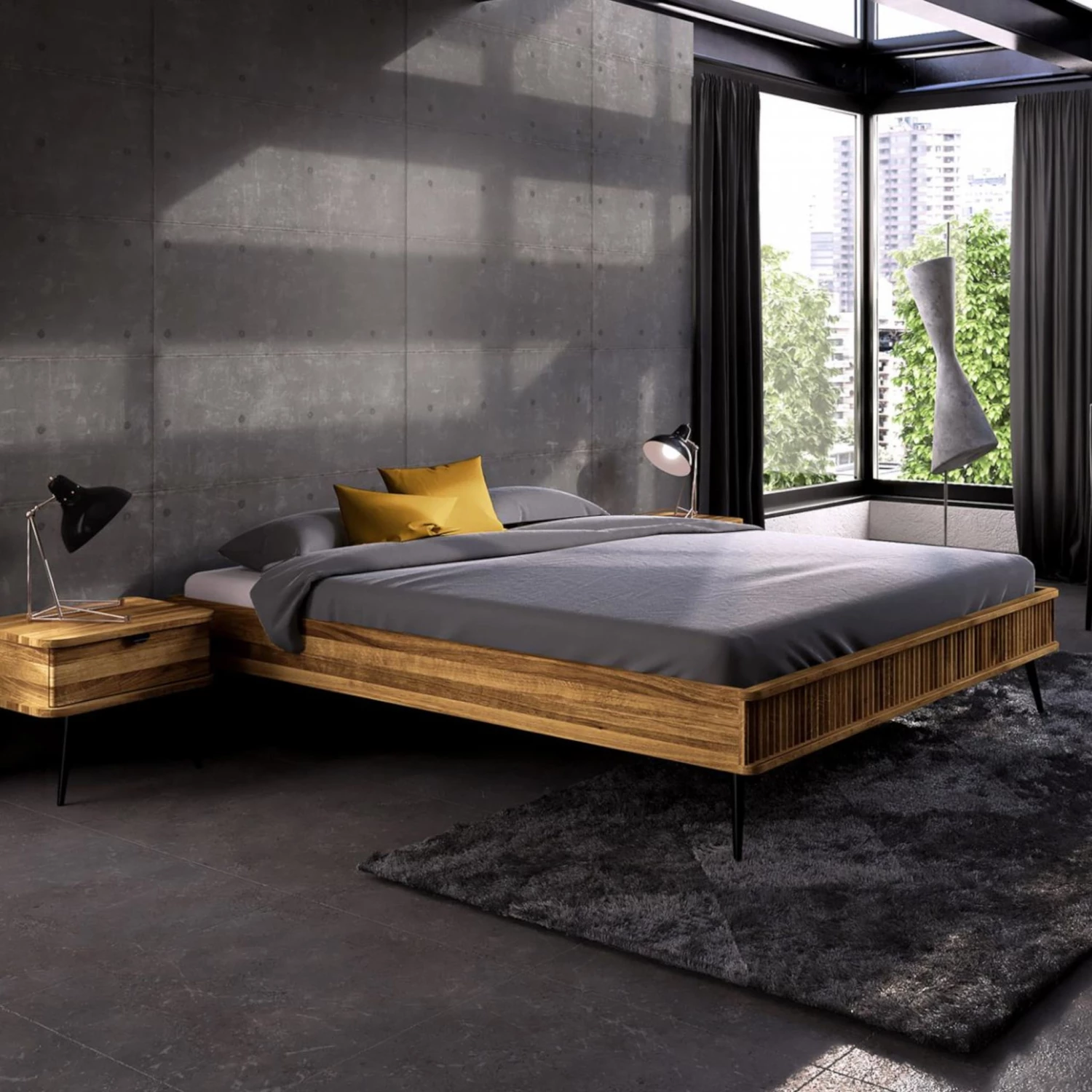 Lit En Chêne Massif Clair Avec Pieds Inclinés En Métal - LT36002 4 Lit En Chêne Massif Clair Avec Pieds Inclinés En Métal - LT36002 – Image 2