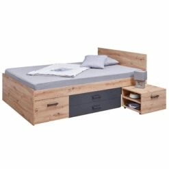 Lit Multi-rangements En Bois Imitation Chêne Et Anthracite 140x200 - LT12124 -Doublures De Lit Soldes 2024 lit loria double chevet profil fond blanc