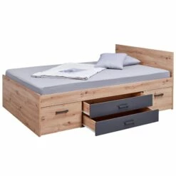 Lit Multi-rangements En Bois Imitation Chêne Et Anthracite 140x200 - LT12124 -Doublures De Lit Soldes 2024 lit loria double tiroirs ouverts profil fond blanc