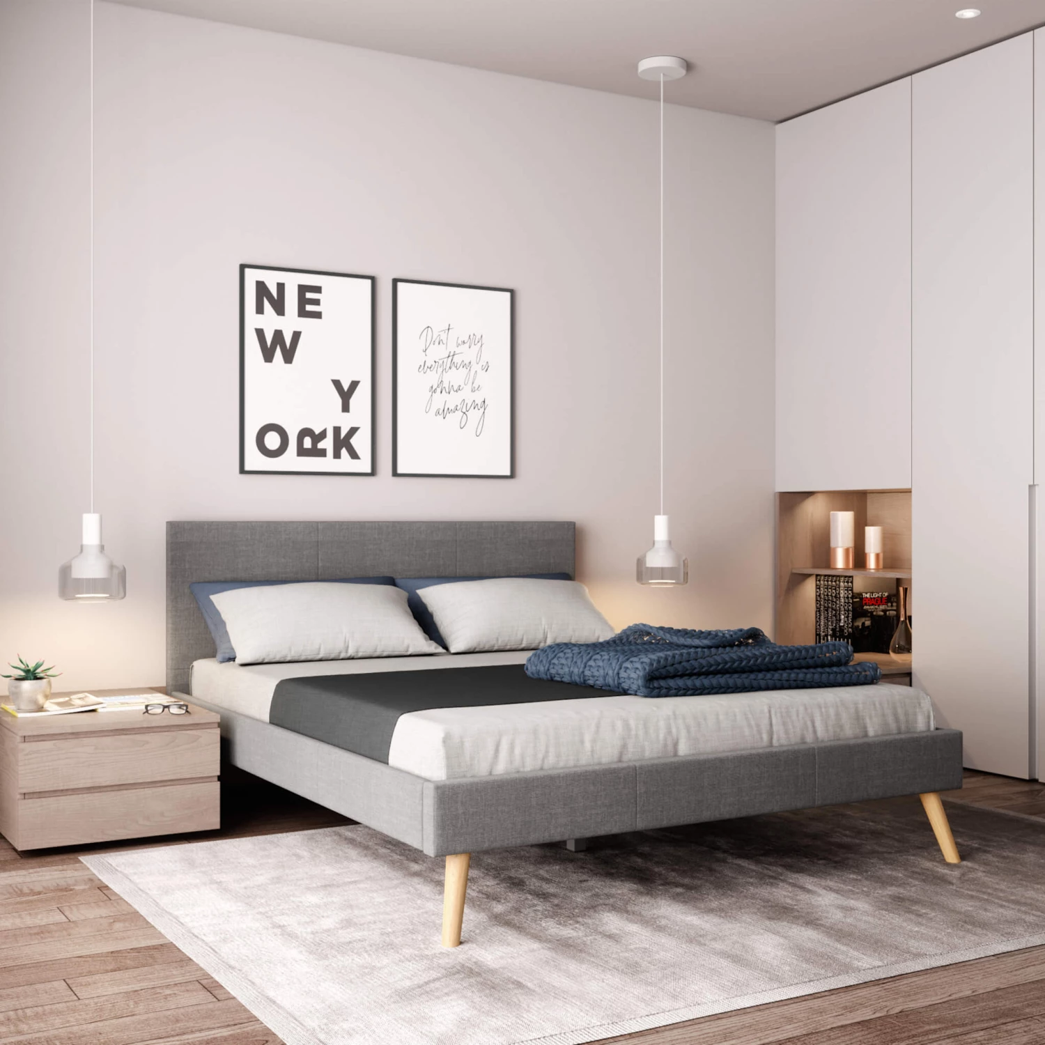 Lit En Bois Avec Tête De Lit Tissu Gris Clair - LT17020 4 Lit En Bois Avec Tête De Lit Tissu Gris Clair - LT17020 – Image 2