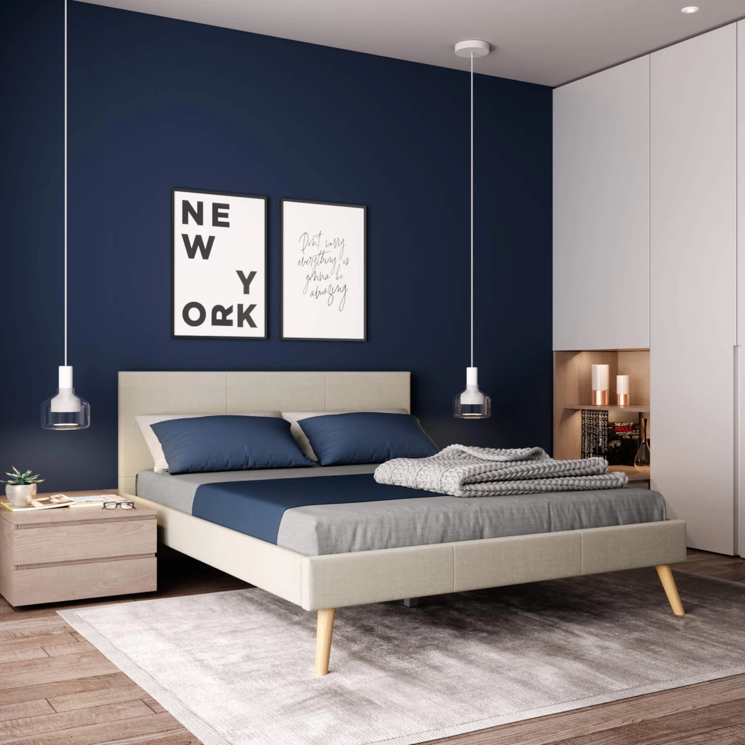 Lit En Bois Avec Tête De Lit Tissu Naturel - LT17020 4 Lit En Bois Avec Tête De Lit Tissu Naturel - LT17020 – Image 2