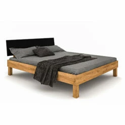 Lit Avec Pieds Carrés En Chêne Massif Clair Et Tête De Lit Noire - LT36005