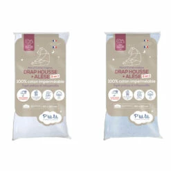 Lot De 2 Draps Housses Bébé + Alèses 2 En 1 Coton Imperméable Blanc Et Gris