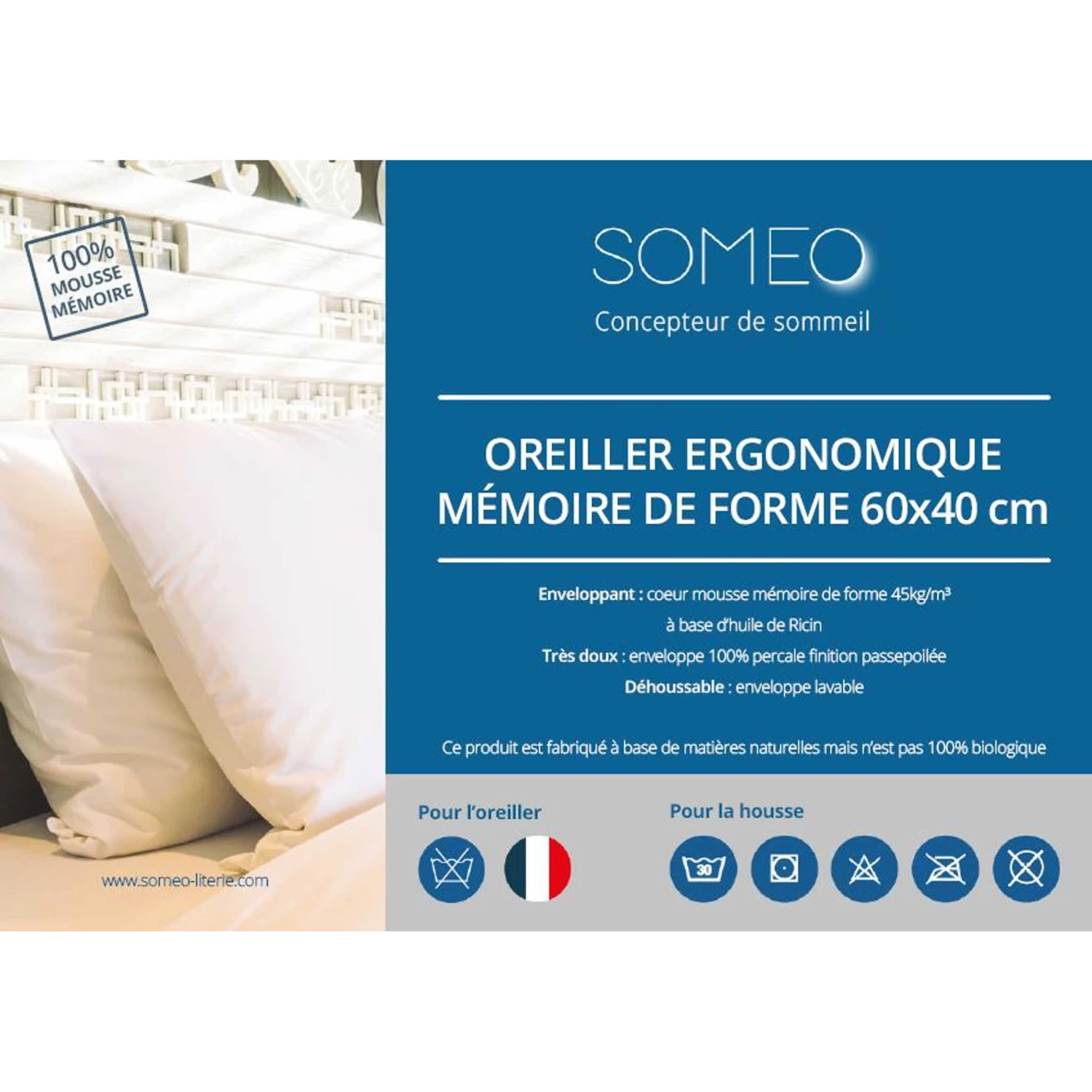 Lot De 2 Oreillers Ergonomiques Mousse Mémoire Végétale Et Taies D'oreillers Percale Someo 40x60 8 Lot De 2 Oreillers Ergonomiques Mousse Mémoire Végétale Et Taies D'oreillers Percale Someo 40x60 – Image 6