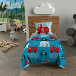 Parure De Lit Enfant Pompiers Bleu
