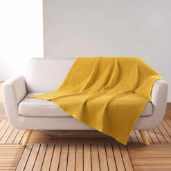 Plaid Gaufrette En Coton Uni 125x150 Cm -Doublures De Lit Soldes 2024 plaid gaufrette jaune