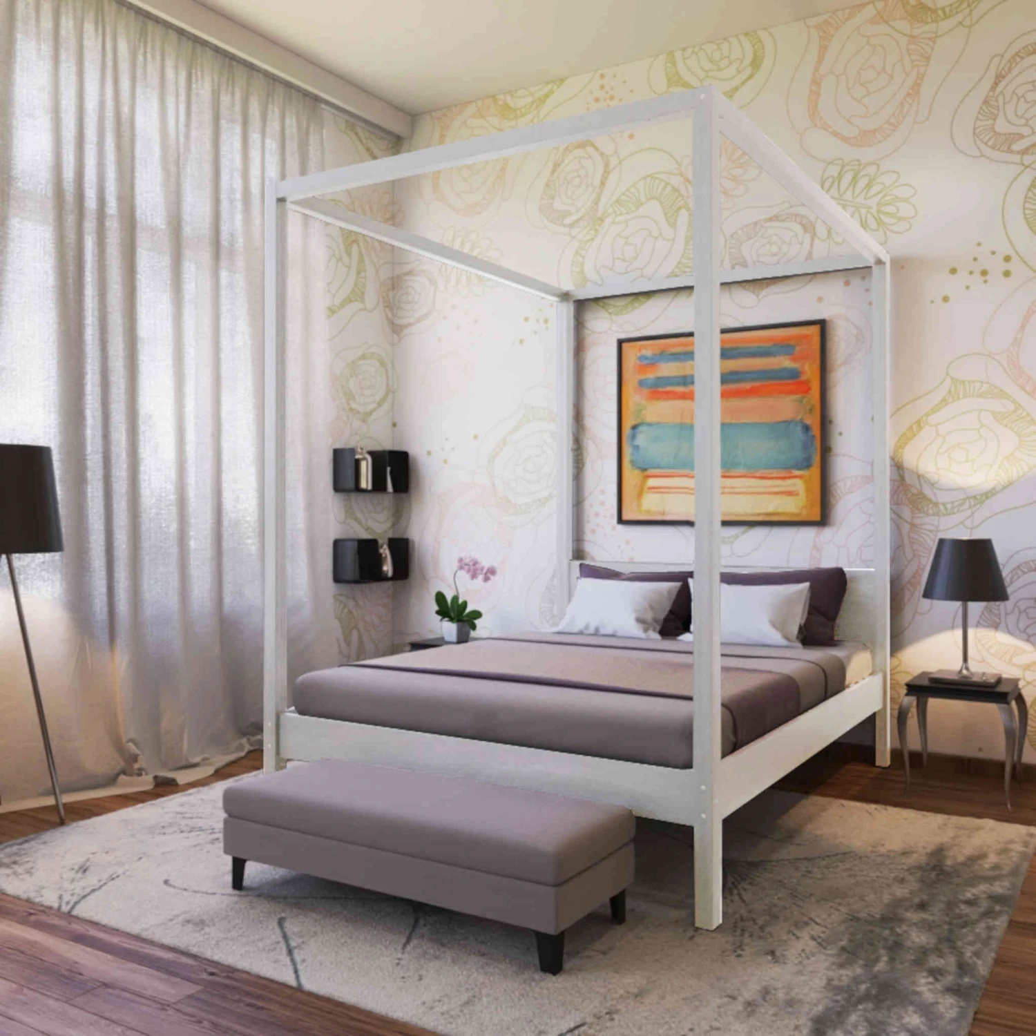 Lit à Baldaquin En Bois Blanc - LT14032 3 Lit à Baldaquin En Bois Blanc - LT14032