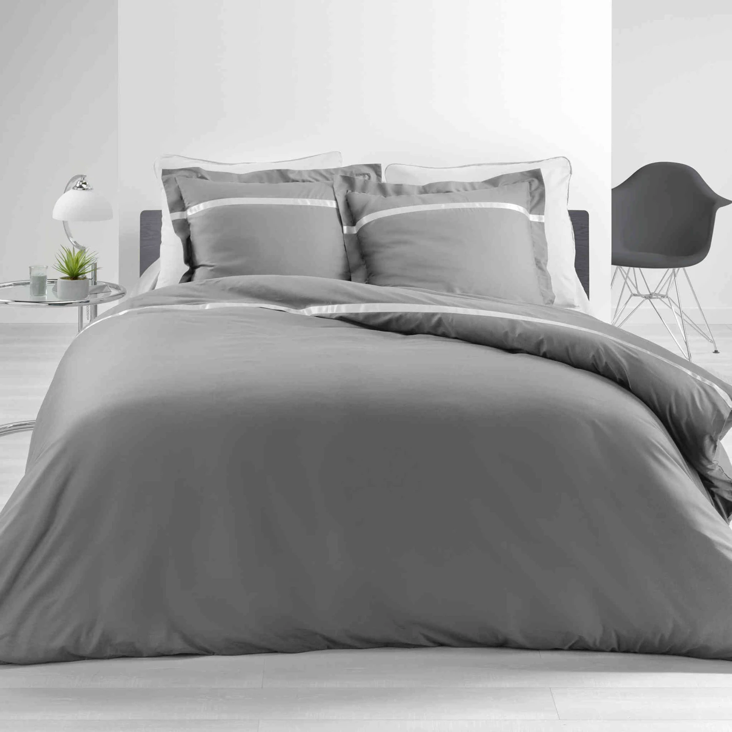 Parure De Lit Percale Satinéa Gris/blanc 3 Parure De Lit Percale Satinéa Gris/blanc