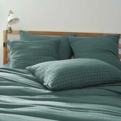 Taie D'oreiller à Carreaux Double Gaze De Coton Bleu Canard