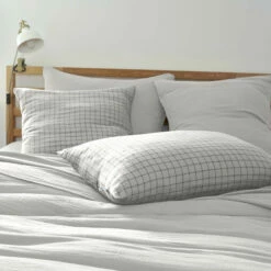 Taie D'oreiller à Carreaux Double Gaze De Coton Gris