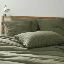 Taie D'oreiller à Carreaux Double Gaze De Coton Kaki