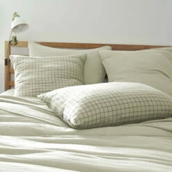 Taie D'oreiller à Carreaux Double Gaze De Coton Vert D'eau